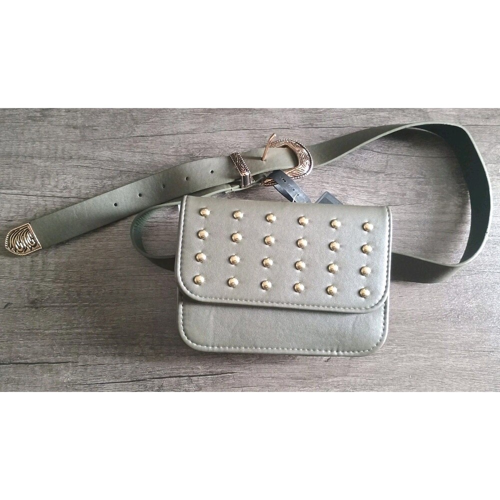 Olive Green Stella Vegan Leather Gold Tone Studded Fanny Belt Bag New